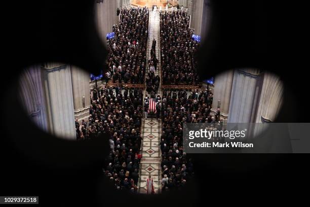 The casket is led out following the funeral service for U.S. Sen. John McCain at the National Cathedral on September 1, 2018 in Washington, DC. The...