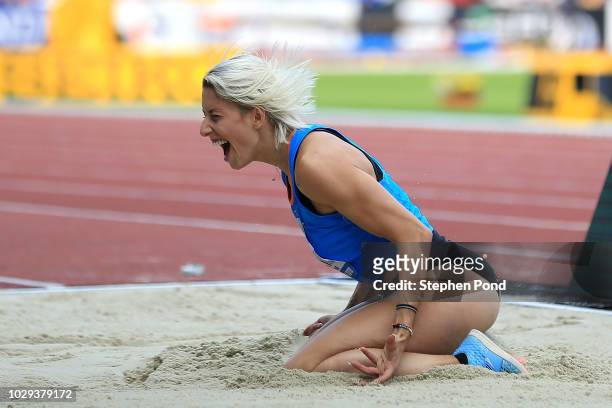 Paraskevi Papachristou of Team Europe reacts in the Womens Triple Jump during day one of the IAAF Continental Cup at Mestsky Stadium on September 8,...