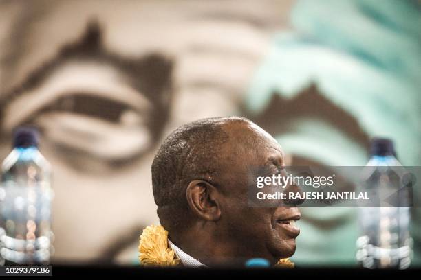 South African President Cyril Ramaphosa attends a meeting of the South African ruling Party African National Congress "Thuma Mina" campaign launch at...