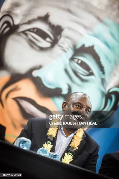 South African President Cyril Ramaphosa looks on during a meeting of the South African ruling Party African National Congress "Thuma Mina" campaign...