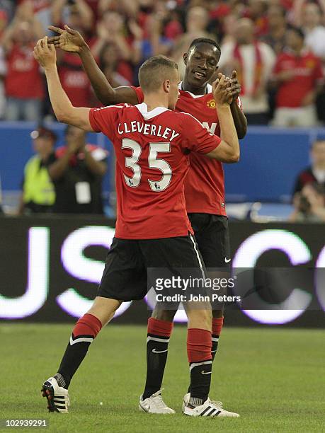 Tom Cleverley of Manchester United celebrates scoring their third goal with Danny Welbeck during the pre-season friendly match between Manchester...