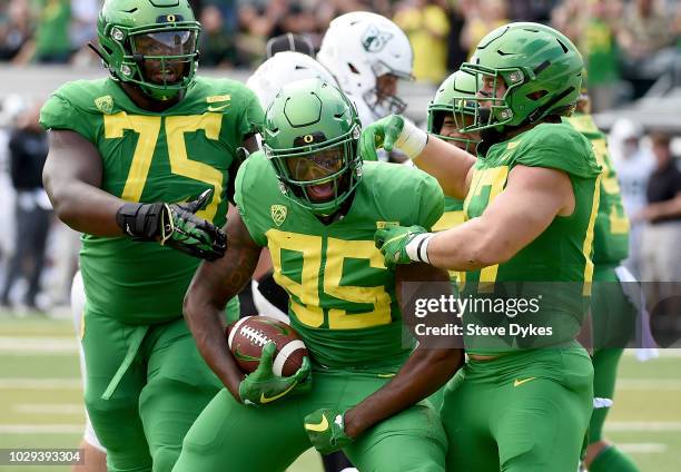 Tight end Kano Dillon of the Oregon Ducks celebrates after scoring a touchdown during the second quarter of the game against the Portland State...