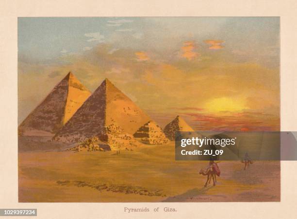 the pyramids of giza in egypt, chromolithograph, published in 1888 - ancient-egyptian-culture stock illustrations
