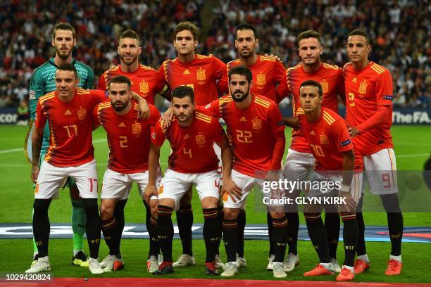 Back row Spain's goalkeeper David De Gea, Spain's defender Sergio Ramos, Spain's defender Marcos Alonso, Spain's midfielder Sergio Busquets, Spain's...