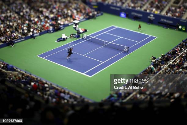 Serena Williams of the United States returns the ball during her Women's Singles finals match against Naomi Osaka of Japan on Day Thirteen of the...