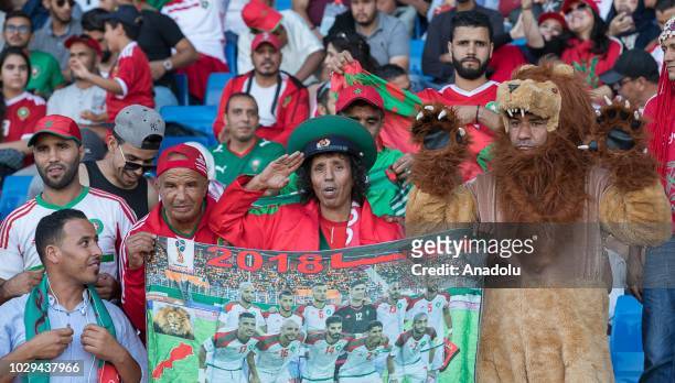 Fans of Morocco pose for a photo during 2019 Africa Cup of Nations qualification Group B soccer match between Morocco and Malawi at Mohammed V...