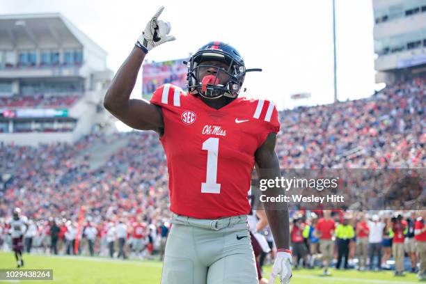 Brown of the Mississippi Rebels points to the sky after scoring a touchdown against the Southern Illinois Salukis during the first half at...