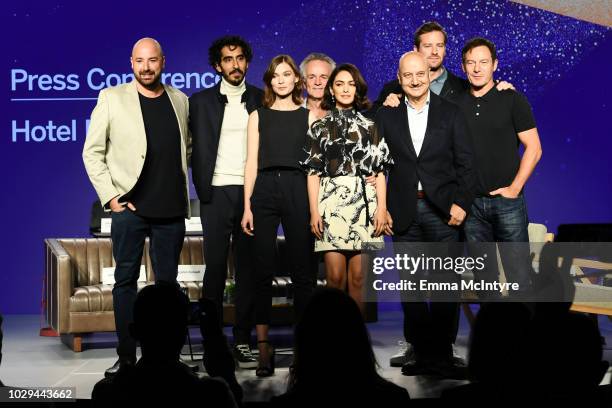 Anthony Maras, Dev Patel, Tilda Cobham-Hervey, John Collee, Nazanin Boniadi, Anupam Kher, Armie Hammer and Jason Isaacs attend "Hotel Mumbai" Press...