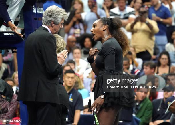 Serena Williams of the United States argues with referee Brian Earley during her Women's Singles finals match against Naomi Osaka of Japan at the...