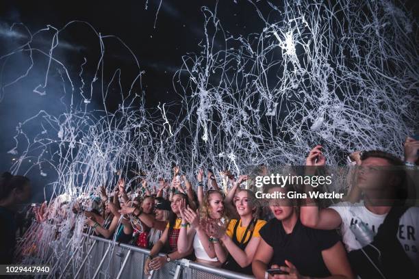 Fans cheer during the Lollapalooza festival at the Olympiagelände on September 8, 2018 in Berlin, Germany.