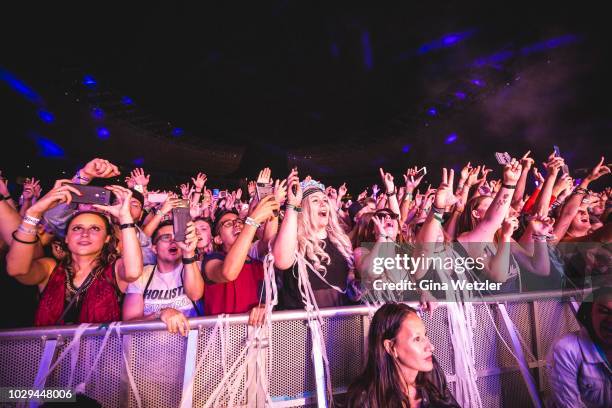 Fans cheer during the Lollapalooza at the Olympiagelände on September 8, 2018 in Berlin, Germany.
