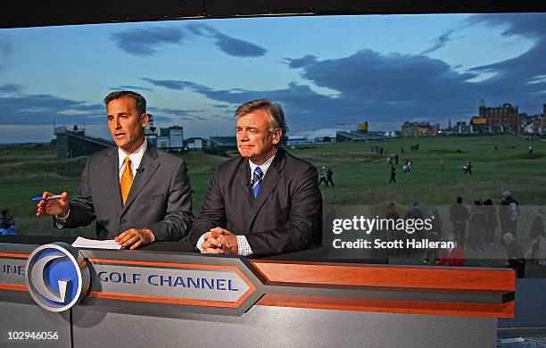 Steve Sands and Ken Schofield of the Golf Channel are seen on the set during the second round of the 139th Open Championship on the Old Course, St...