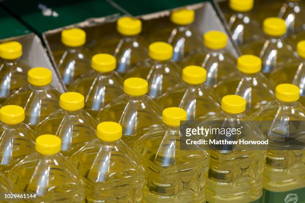 Plastic bottles of olive oil seen on sale in a supermarket on August 30, 2018 in Cardiff, United Kingdom.