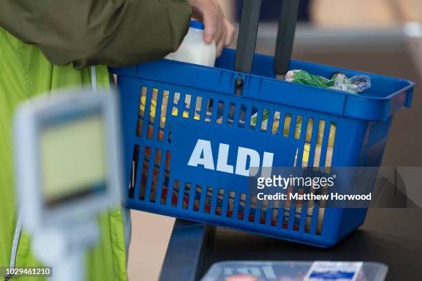 Aldi branding seen in an Aldi supermarket on August 30, 2018 in Cardiff, United Kingdom.