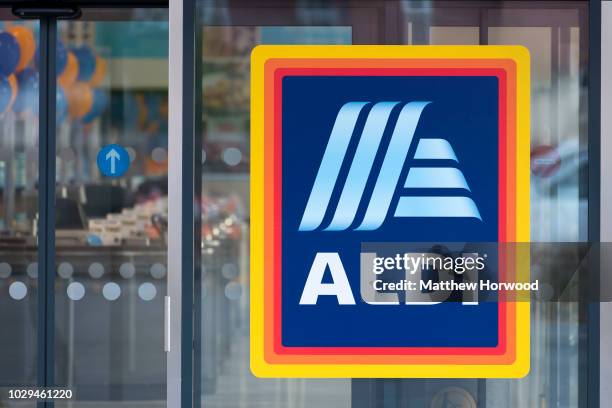 An Aldi shop sign seen on August 30, 2018 in Cardiff, United Kingdom.