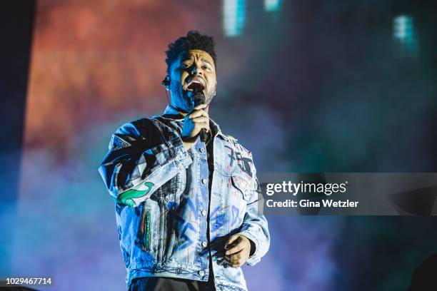 Canadian singer Abel Makkonen Tesfaye aka The Weeknd performs live on stage during the first day of the Lollapalooza Berlin music festival at...