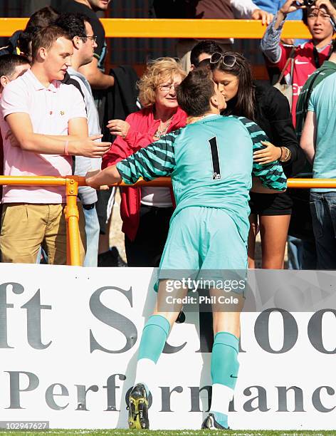 Wojciech Szczesny of Arsenal seal's his first team game with a kiss during the pre-season friendly match between Barnet and Arsenal at Underhill on...