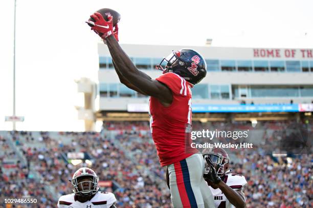 Metcalf of the Mississippi Rebels catches a pass for a touchdown during a game against the Southern Illinois Salukis at Vaught-Hemingway Stadium on...