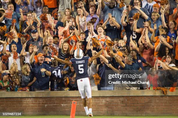 Wide receiver Anthony Schwartz of the Auburn Tigers celebrates with fans after scoring a touchdown in the first half during their game against the...