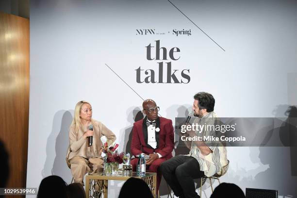 Miss info, Dapper Dan and Jon Caramanica speak onstage during THE TALKS: ANATOMY OF A COLLABORATION during New York Fashion Week: The Shows on...