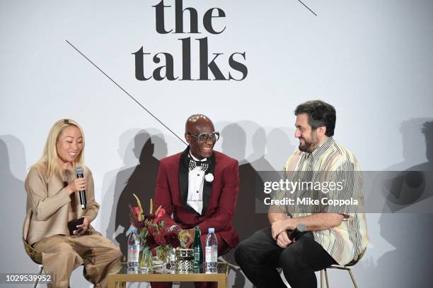 Miss info, Dapper Dan and Jon Caramanica speak onstage during THE TALKS: ANATOMY OF A COLLABORATION during New York Fashion Week: The Shows on...