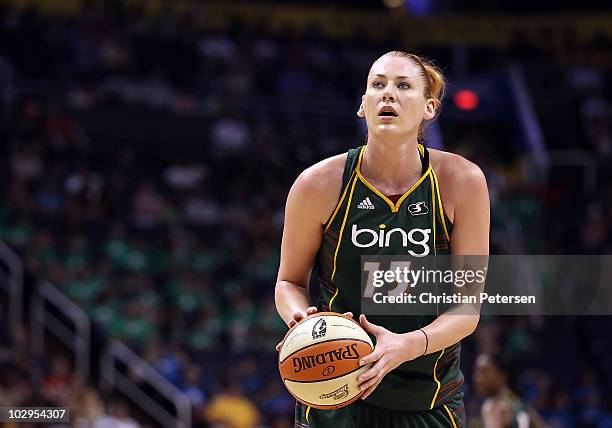 Lauren Jackson of the Seattle Storm takes a free throw shot during the WNBA game against the Phoenix Mercury at US Airways Center on July 14, 2010 in...