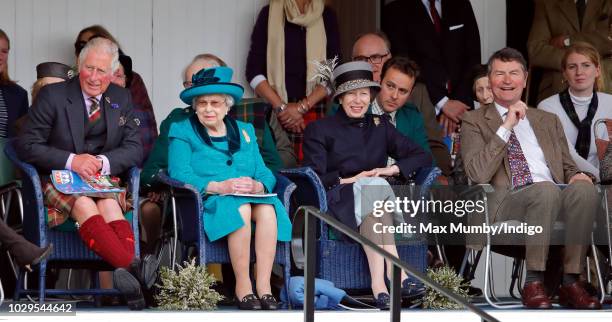Prince Charles, Prince of Wales, Queen Elizabeth II, Princess Anne, Princess Royal and Vice Admiral Sir Tim Laurence attend the 2018 Braemar Highland...