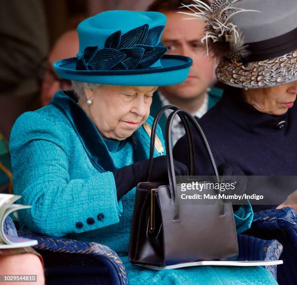 Queen Elizabeth II attends the 2018 Braemar Highland Gathering at The Princess Royal and Duke of Fife Memorial Park on September 1, 2018 in Braemar,...