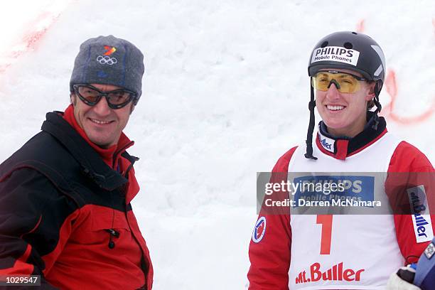 Steven Lee talks to Jacqui Cooper during a practice round of the Philips Mobile Phones World Aerials, which is being held at Mt. Buller, Victoria,...