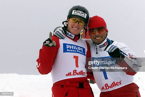 Jacqui Cooper and Nicolas Fontaine, celebrate there number 1 status, during a practice round of the Philips Mobile Phones World Aerials, which is...