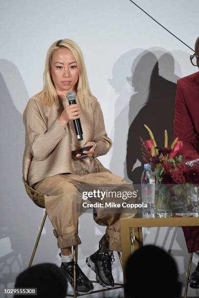 Miss Info speaks onstage during THE TALKS: ANATOMY OF A COLLABORATION during New York Fashion Week: The Shows on September 8, 2018 in New York City.