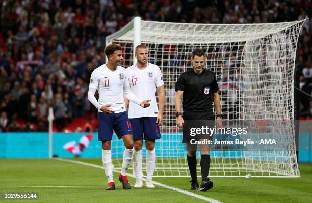 Eric Dier and Dele Alli of England protest after Danny Welbeck's goal was disallowed during the UEFA Nations League A group four match between...