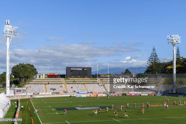 General view of Yarrow Stadium and Mount Taranaki during the curtain raiser between Taranaki U18 and Bay of Plenty U18 prior to the round four Mitre...