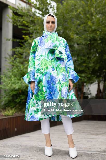 Mademoiselle Meme is seen on the street during New York Fashion Week SS19 wearing Richard Quinn on September 8, 2018 in New York City.