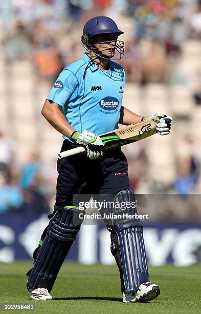 Luke Wright of Sussexwalks off after his dismissal during the Friends Provident T20 match between Hampshire Royals and Sussex Sharks at The Rose Bowl...