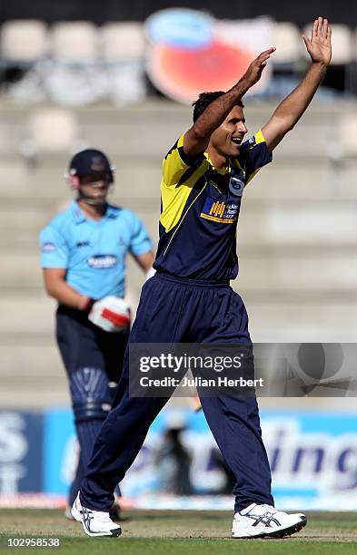 Abdul Razzaq of Hampshire celebrates the wicket of Matt Prior during the Friends Provident T20 match between Hampshire Royals and Sussex Sharks at...
