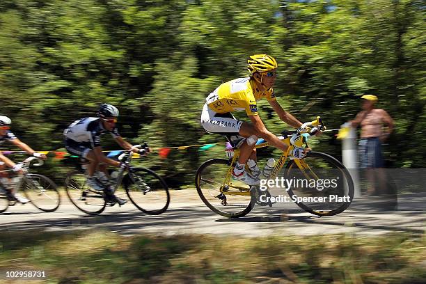 Andy Schleck wears the yellow jersey on Stage 14 of the Tour de France, the first stage to enter the Pyrenees, on July 18, 2010 in Ax 3 Domaines,...