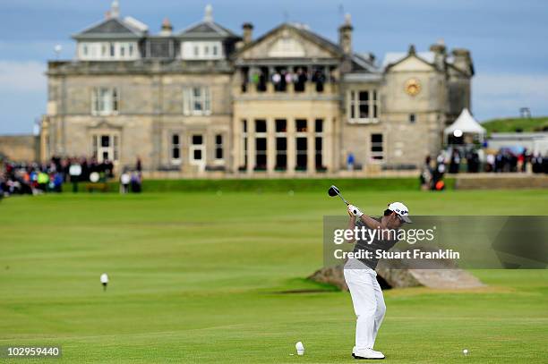 Louis Oosthuizen of South Africa tees off on the 18th hole during the final round of the 139th Open Championship on the Old Course, St Andrews on...