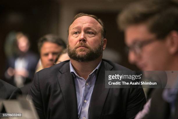 Alex Jones of InfoWars is seen during a Senate Intelligence Committee hearing concerning foreign influence operations' use of social media platforms,...