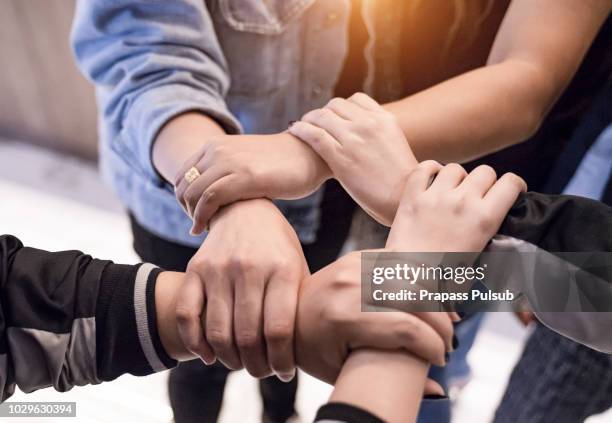 hands holding teamwork cooperation togetherness concept - zuverlässigkeit stock-fotos und bilder