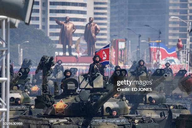 Korean People's Army tanks take part in a military parade on Kim Il Sung square in Pyongyang on September 9, 2018. North Korea held a military parade...