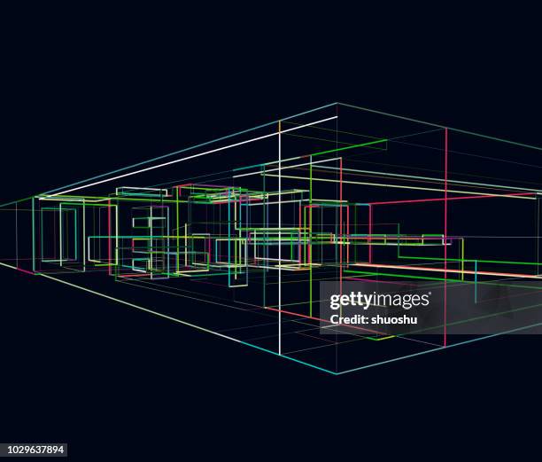 geometric structure pattern with dark background - 3d building layout stock illustrations