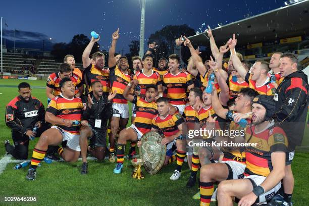 Captain Dwayne Sweeney of Waikato and his team mates celebrate their win in the round four Mitre 10 Cup Ranfurly Shield match between Taranaki and...