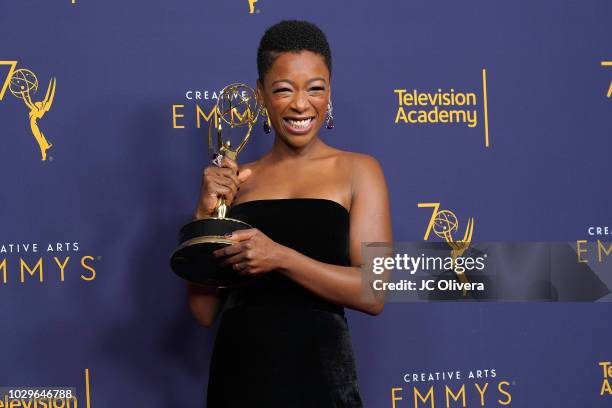 Samira Wiley poses in the press room during the 2018 Creative Arts Emmy Awards, day 1 at Microsoft Theater on September 8, 2018 in Los Angeles,...