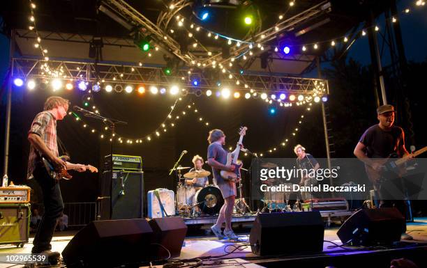 Stephen Malkmus, Steve West, Mark Ibold, Bob Nastanovich and Scott Kannberg of Pavement perform during the third and final day of Pitchfork Music...