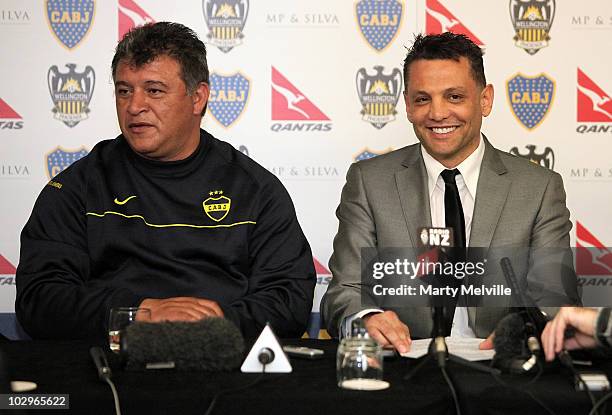 Boca Juniors head coach Claudio Borghi talks to the media with Phoenix owner Terry Serepisos during a press conference at the InterContinental Hotel...