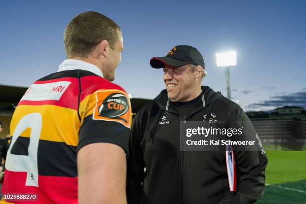 Tim Bond of Waikato and Head Coach Jono Gibbes of Waikato celebrate the win in the round four Mitre 10 Cup Ranfurly Shield match between Taranaki and...