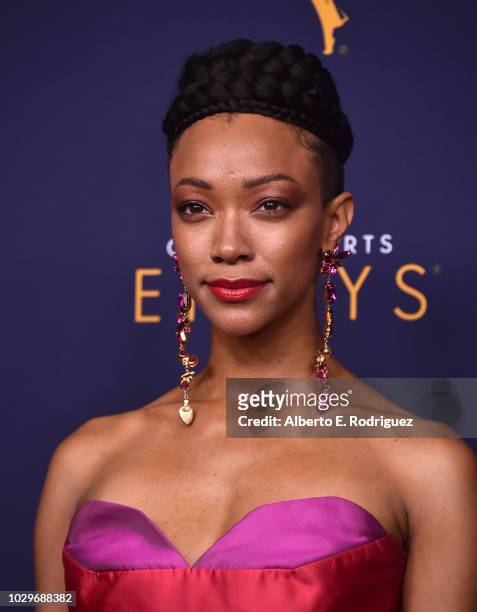 Sonequa Martin-Geen poses in the press room at the 2018 Creative Arts Emmy Awards at Microsoft Theater on September 8, 2018 in Los Angeles,...