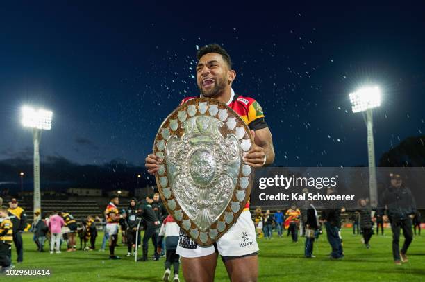 Sevu Reece of Waikato holds the Ranfurly Shield after the win in the round four Mitre 10 Cup Ranfurly Shield match between Taranaki and Waikato at...