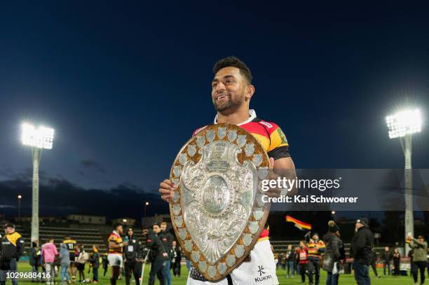 Sevu Reece of Waikato holds the Ranfurly Shield after the win in the round four Mitre 10 Cup Ranfurly Shield match between Taranaki and Waikato at...